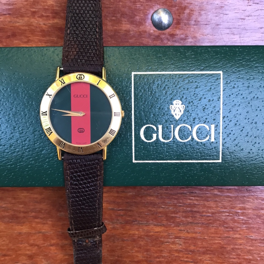Unisex GUCCI 3000M Iconic Wristwatch Gold Plated Orig Lizard Strap. NEW BATTERY! - Picture 1 of 14